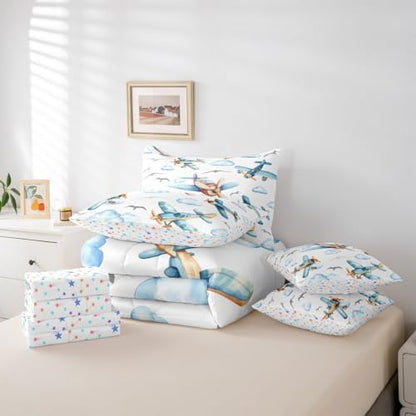 Erosebridal Boys Cartoon Propeller Plane Queen 7 Pcs Bedding Set, Aircraft Airplane Comforter Set with Sheets, Blue Clouds Bed in A Bag for Kids Girls Adults Bedroom, Flying Birds Animals Bed Sets