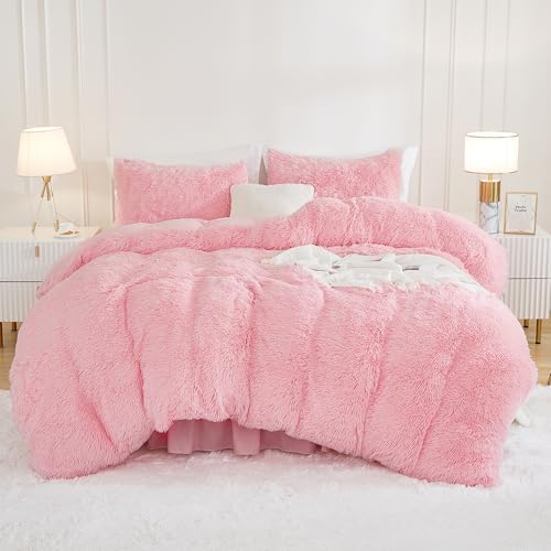 Andency Pink King Size Comforter Set, Fluffy Faux Fur Warm Bedding Set