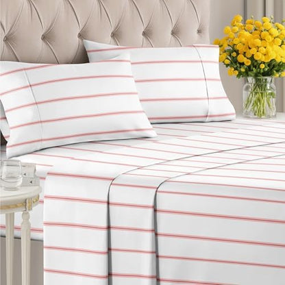 Full 4 Piece Striped Sheet Set - Soft, Breathable & Cooling - Red Stripe