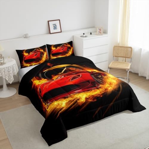 Erosebridal Red Race Car King Comforter Set for Boys Girls,Kids Sports Car Bedding Set Race Car Decor for Toddler Boys Room,Cool Cars Comforter Set Breathable Racing Car Quilt Bed Set 3Pcs