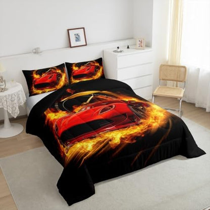 Erosebridal Red Race Car King Comforter Set for Boys Girls,Kids Sports Car Bedding Set Race Car Decor for Toddler Boys Room,Cool Cars Comforter Set Breathable Racing Car Quilt Bed Set 3Pcs