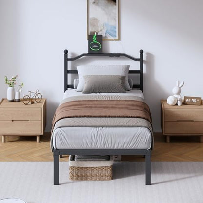 SHOANED Metal Bed Frame with Headboard - 14 Inch Twin XL Size Heavy Duty Bedframe with Charging Station Black Basic Steel Slats Platform No Box Spring Needed/Noise Free