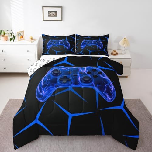 Castle Fairy Game Controller Bed Comforter Set Queen Size,Gaming Game Controller Blue Super Soft Microfiber Bedding Set for Adults Teens,Geometric Honeycomb Comforter Set,2 Pillowcases