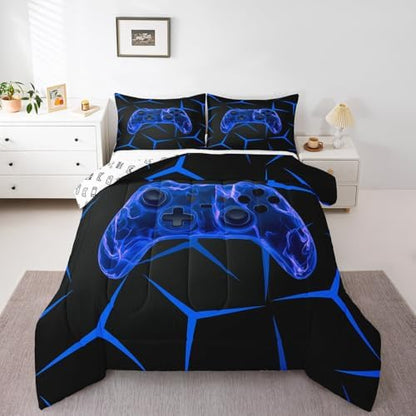 Castle Fairy Game Controller Bed Comforter Set Queen Size,Gaming Game Controller Blue Super Soft Microfiber Bedding Set for Adults Teens,Geometric Honeycomb Comforter Set,2 Pillowcases