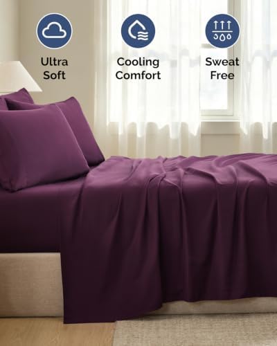 Split King 7 Piece Bed Sheet Set - Soft, Breathable & Cooling - Deep Purple