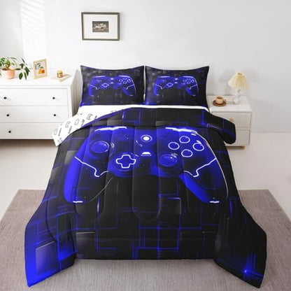 Manfei Modern Gamer Kids Comforter Set King Size, Royal Blue Gaming Bedding Set for Boys Teens Adults Bedroom Decor, Black Videogame Down Comforter, Reversible Gamepad Quilt Set, 2 Pillowcases
