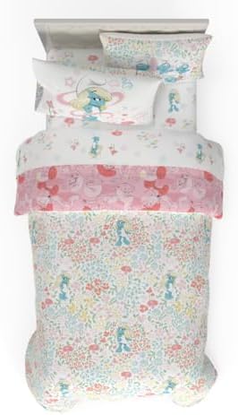 The Smurfs Smurfette Twin Bedding Set – 5 Piece Kids Super Soft Microfiber Reversible Comforter & Sheet Set - Pink, (Officially Licensed Product) by Franco