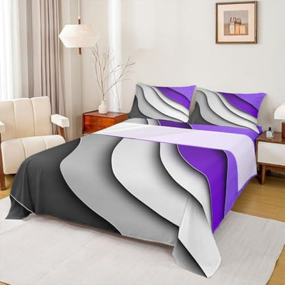 Feelyou Abstract Ombre Purple Grey White Bed Sheets Men Adults Teens Ocean Waves Striped Sheet Set Kids Boys Girls Modern Gradient Contemporary Bed Set Bedroom Collection 4Pcs Full Size