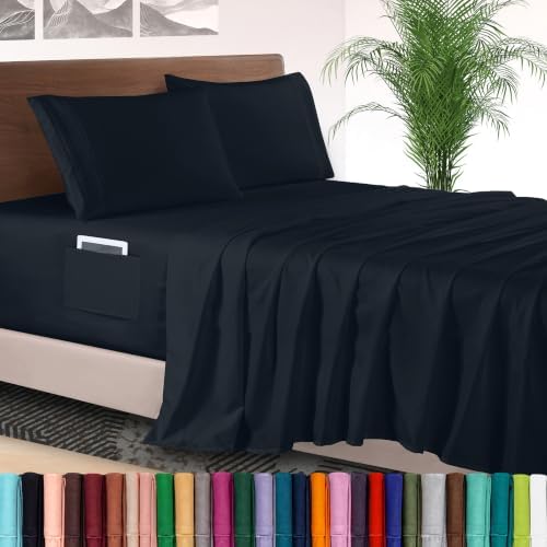 Elegant Comfort 4-Piece Bed Sheet Set - Luxury Bedding 1500 Premium Hotel Quality Microfiber, All Around Elastic 18-24 Inches Deep Fitted Sheet- Extra Deep Pocket Sheets, Twin/Twin XL, Black