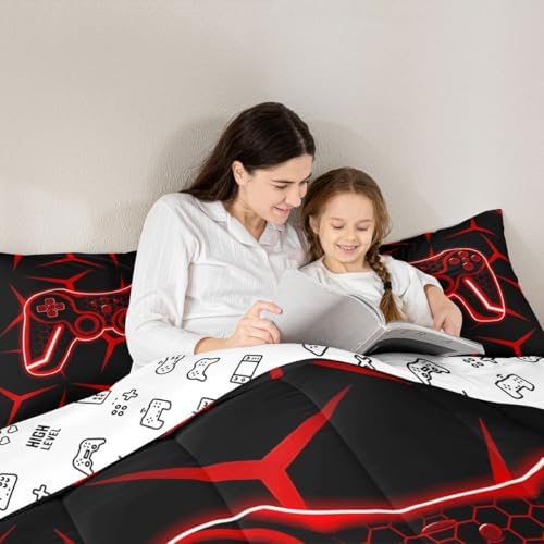 Feelyou Gamer Bedding Set Queen Size Gaming Duvet Quilt for Kids Teens Adults Game Controller Comforter Set Geometric Gamepad Red Room Decor 3Pcs with 2 Pillow Case