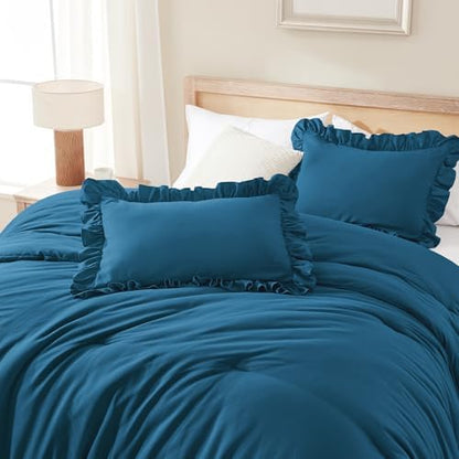 Andency Teal King Size Comforter Set, 3 Pieces Solid Farmhouse Bedding