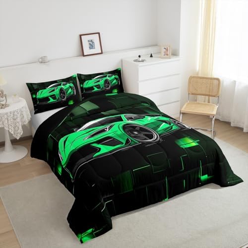 Erosebridal Racing Car Comforter Set Full Green Sports Car Bedding Set for Teens Extreme Theme Down Comforter Sports Grid Quilt 3D Duvet Insert 3Pcs Bedding Decor