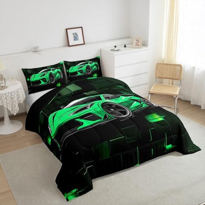 Erosebridal Racing Car Comforter Set Full Green Sports Car Bedding Set for Teens Extreme Theme Down Comforter Sports Grid Quilt 3D Duvet Insert 3Pcs Bedding Decor
