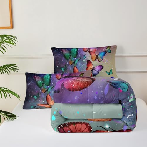 Colorful Butterfly Bed Comforter Set,Rainbow Butterfly Comforter Set Twin for Boys Girls,Dreamy Butterfly Galaxy Gradient Print Bedding Set,Soft Microfiber Quilt Set with 2 Pillowcase