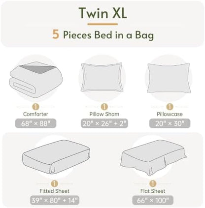 Twin XL Comforter Set with Sheets - 5 Pieces Bed in a Bag Beige Bedding Set