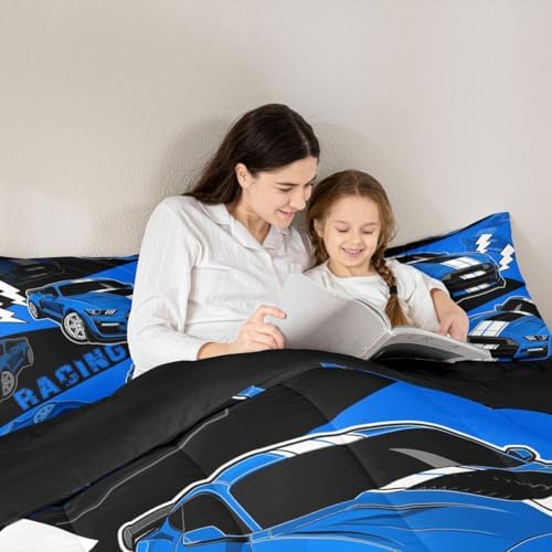 Erosebridal Blue Race Car Full Size Bedding Set for Boys Sports Car Comforter Set for Boys Bedroom Decor Racing Car Comforter Set Cool Race Cars Gaming Bedding Sets for Girls Kids 3Pcs