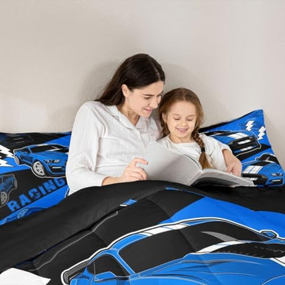 Erosebridal Blue Race Car Full Size Bedding Set for Boys Sports Car Comforter Set for Boys Bedroom Decor Racing Car Comforter Set Cool Race Cars Gaming Bedding Sets for Girls Kids 3Pcs