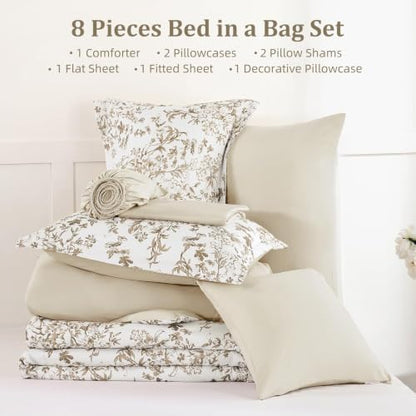WONGS BEDDING 8 Pieces Comforter Sets Full Size Brown Floral Bed Set