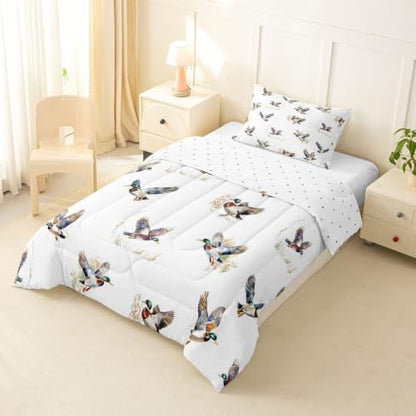 Feelyou Mallard Duck Comforter Set Twin Size Duck Hunt Bedding Set for Kids Boys Girls Wild Duck Hunting Duvet Quilt Wild Animal Bedroom Decor Microfiber 2 Pcs with 1 Pillow Cases