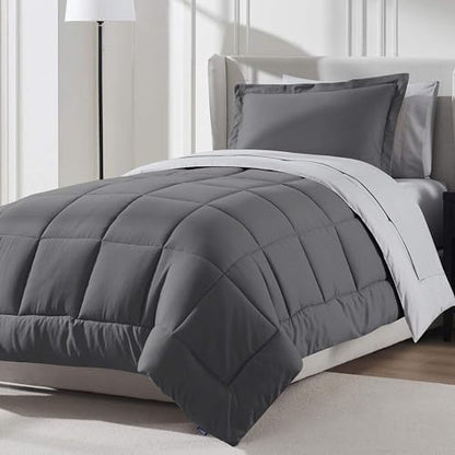 Nestl 7 Piece Twin Comforter Set – Dark Grey Reversible Bed in a Bag – Complete Twin Size Bedding Set with Sheets, Set of 2 Down Alternative Pillows, Pillowcase and Sham