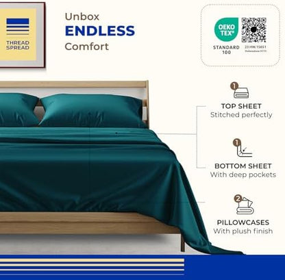 THREAD SPREAD Egyptian Cotton Sheets Queen Size - 1000 Series High Thread Count Cotton Queen Sheet Set (4 PC, Teal), 16" Snug Fit Deep Pocket, Cooling, Sateen Weave, Ultra-Soft Hotel Luxury Sheets
