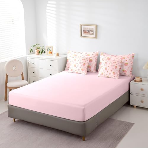 Erosebridal Strawberry Bed in a Bag Queen Comforter Set 7 Piece,Pink Bow Tie Bedding Set,Princess Silk Ribbon Comforter and Sheet Set Cute Bowknot Bed Set,Boho Floral Flowers Pink Kawaii Room Decor