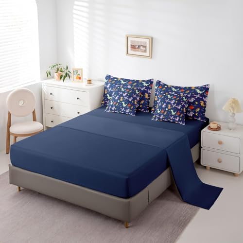 Feelyou Kids Cute Dinosaur 7 Piece Bedding Set Twin Size Solar System Comforter Set with Sheets for Boys Girls Moon Star Print Bed in a Bag Navy Blue Bed Set
