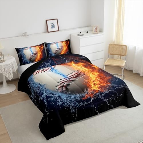 Baseball Comforter Set Queen Size Sports Theme Down Comforter Kids Teens Boys Fire and Ice Sports Baseball Quilted Duvet,Decoration 3 Pcs Bedding Comforters (1 Comforter Set +2 Pillowcases) Red Blue