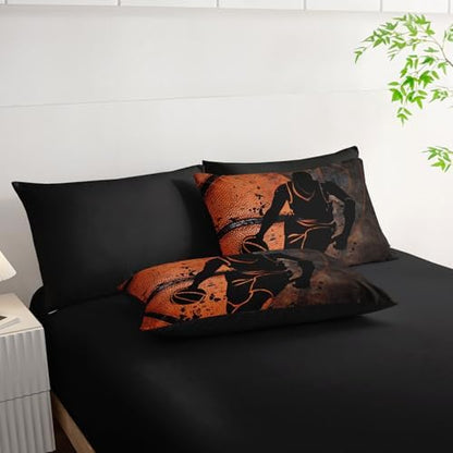 7pcs Sports Comforter Set Basketball Printed Bedding Set with 1 Comforter, 1 Flat Sheet, 1 Fitted Sheet and 4 Pillowcases for Boys and Girls Bedroom (Basketball-2 Full