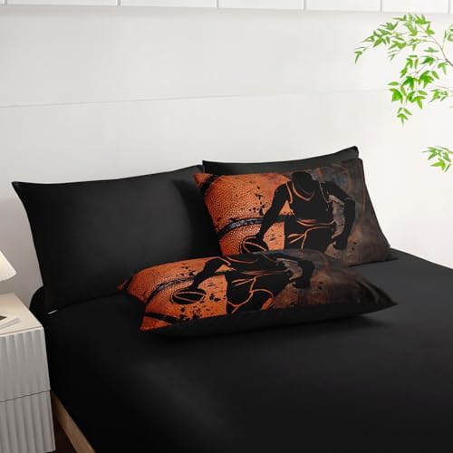 7Pcs Sports Comforter Set Basketball Printed Bedding Set with 1 Comforter, 1 Flat Sheet, 1 Fitted Sheet and 4 Pillowcases for Boys and Girls Bedroom (Basketball-2 Twin
