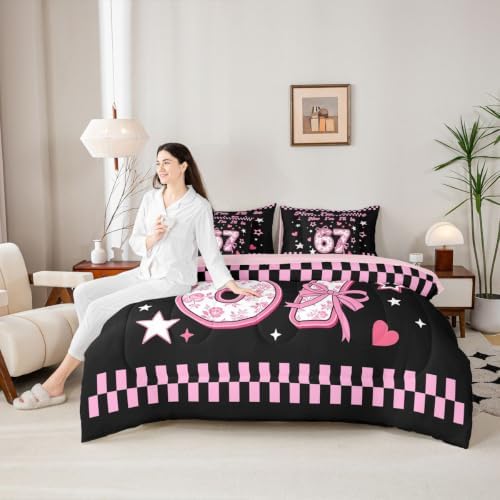 Erosebridal Cute Coquette Bow King Bedding Set 7 Piece for Kids Girls Cartoon 67 Bowknot Comforter Set with Sheets Pink Checkered Plaid Number Print Bed in A Bag Girly Kawaii Six Seven Bed Set