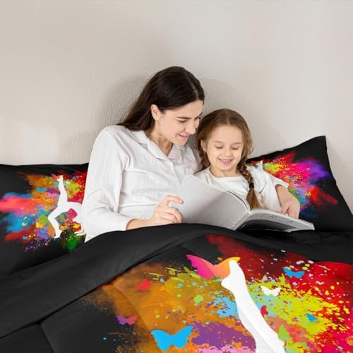 Gymnastics Dancing Comforter Set King Size,Girls Rainbow Watercolor Tie Dye Bedding Set for Kids Woman Room Decor,Cheerleading Bedspread Yoga Lover Down Comforter 3pcs with 2 Pillowcases,Black