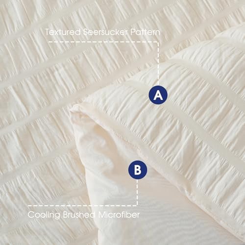 FreshCulture Comforter Set Seersucker 7 Pieces, All Season Bedding Set California King, Bed in a Bag Set with 1 Comforter, 1 Flat Sheet, 1 Fitted Sheet, 2 Pillowcases and 2 Pillow Shams, Cream