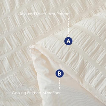 FreshCulture Comforter Set Seersucker 7 Pieces, All Season Bedding Set California King, Bed in a Bag Set with 1 Comforter, 1 Flat Sheet, 1 Fitted Sheet, 2 Pillowcases and 2 Pillow Shams, Cream
