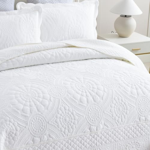 MarCielo 100% Cotton Quilt Set - 3-Piece Embroidered Farmhouse Bedspread & Shams, All-Season Breathable Bedding (Tf Bright White,Queen)