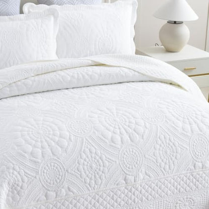 MarCielo 100% Cotton Quilt Set - 3-Piece Embroidered Farmhouse Bedspread & Shams, All-Season Breathable Bedding (Tf Bright White,Queen)