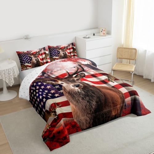 American Flag Comforter Set, Cute Deer Down Comforter Queen For Kids Boys Teens, United States Bedding Set Usa Federations Stars Duvet Sets Geometric Stripes Bedroom Decor With 2 Pillowcases