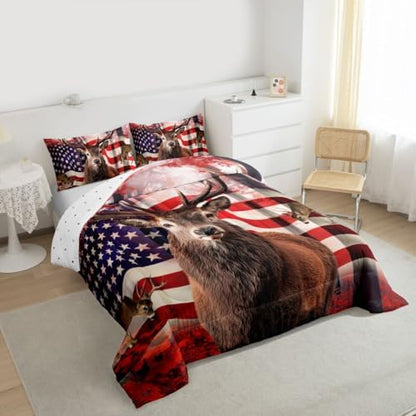 American Flag Comforter Set, Cute Deer Down Comforter Queen For Kids Boys Teens, United States Bedding Set Usa Federations Stars Duvet Sets Geometric Stripes Bedroom Decor With 2 Pillowcases