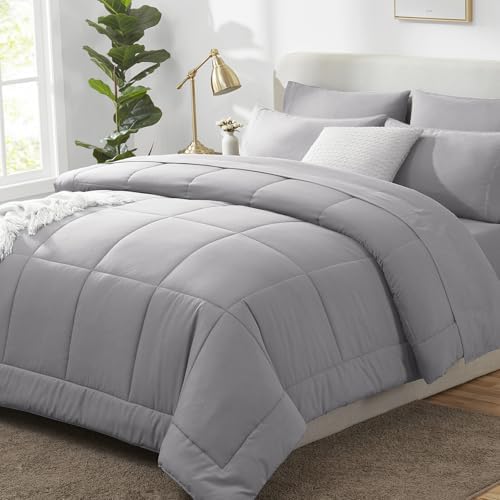 CozyLux King Size Comforter Set Grey - 7 Pieces Bed in a Bag