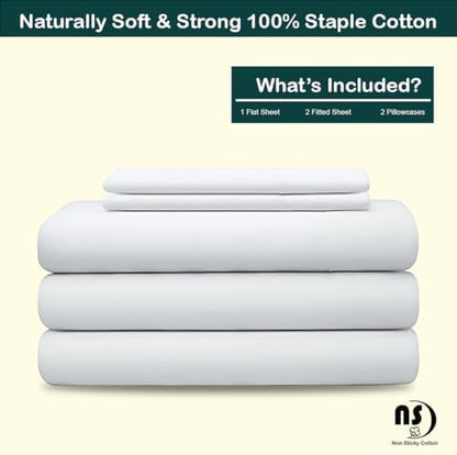 NON Sticky cotton Adjustable Split Queen Sheet Set for Sleep Number Beds, Premium 100% Long Staple Cotton Bedding, Two 30" X 80" Fitted Sheets Fits Up to 18" Deep Mattress, White Solid