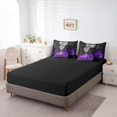 Feelyou Purple Race Car Comforter Set with Sheets Queen Size Kids Speed Sports Car 7 Pieces Bedding Set Boys Girls Teens Racing Car Bed in a Bag Extreme Sports Street Bed Set Gothic Modern City