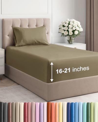 Extra Deep Pocket Twin XL Size Sheet Set - Breathable & Cooling - Khaki