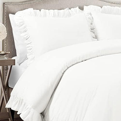 Lush Decor Reyna Ruffle Cotton Duvet Cover Set 3 Piece Set King, Pure White - King Size Bedding Set - White Duvet King- Ruffled Bedding - Coquette Decor