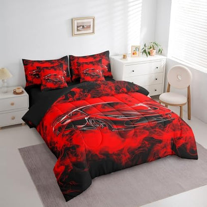 Feelyou Speed Sports Car Comforter Set with Sheets Twin Size Kids Smoky Race Car 7 Pieces Bedding Set for Boys Girls Teens Racing Car Bed in a Bag Breathable Extreme Sports Bed Set Black Red
