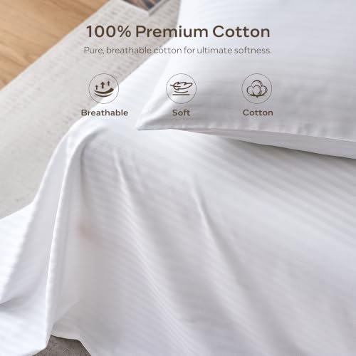 JELLYMONI 100% Cotton Sheet Set, White Sateen Striped, Queen