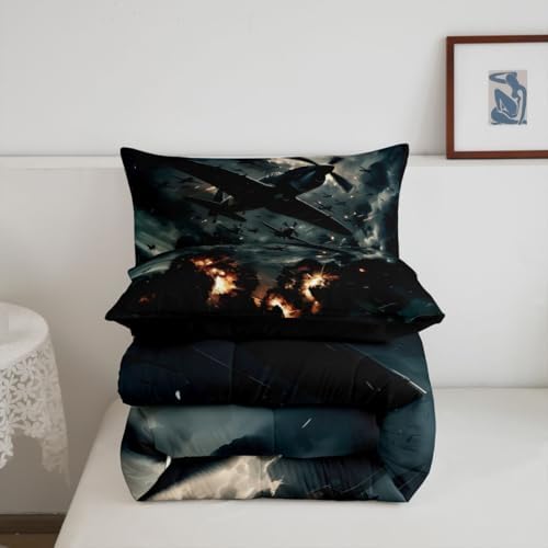 Erosebridal Vintage Fighter Airplane Bedding Set Full Military Aircraft Comforter Set for Kids Boys Girls Realistic 3D Print Cloud Flame Aviation Down Comforter Plane Quilt Duvet