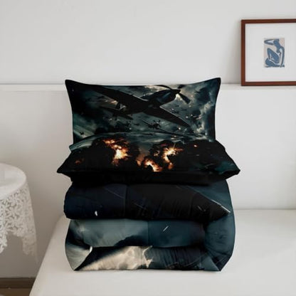 Erosebridal Vintage Fighter Airplane Bedding Set King Military Aircraft Comforter Set for Kids Boys Girls Realistic 3D Print Cloud Flame Aviation Down Comforter Plane Quilt Duvet