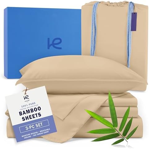 Kickoff Viscose Bamboo Sheets Twin XL Size 3-pc 100% Organic Bamboo Viscose Bed Cooling Sheets Twin XL Size Set Cool Bedding for hot Sleepers Sheet Set - Gift Ready Packaging (Beige, TXL)