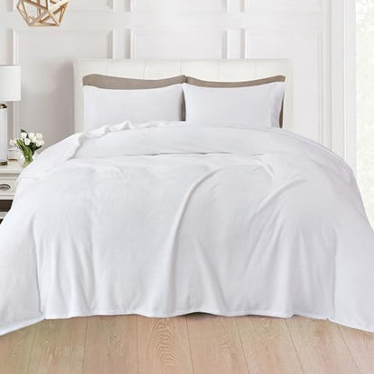 Elegant Comfort Luxuriously Soft 4-Piece Velvet Plush Flannel Sheet Set - Premium Quality - Cozy Warm, Anti-Static, Non Pilling Fuzzy Velvet Flannel Fleece Deep Pocket Sheet Set - Queen, White