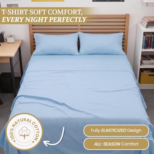 Full XL 100% Cotton Jersey Knit Sheet Set, 4PC, 15" Deep Pocket, Blue